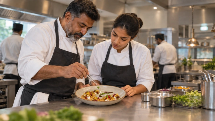 Executive chef mentoring culinary student in commercial kitchen