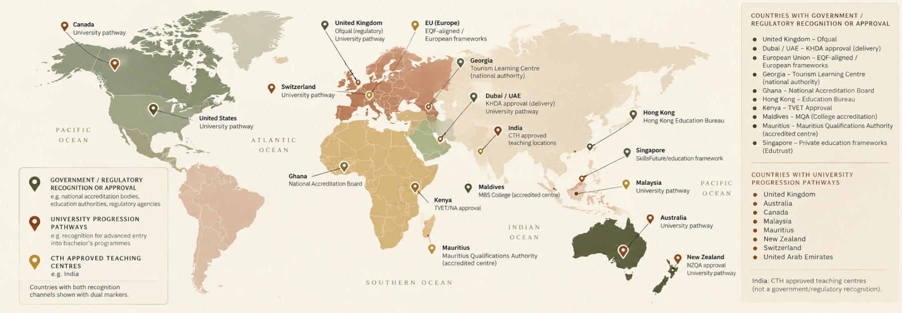 CTH Global Recognition World Map - Approved Teaching Centres and University Progression Pathways
